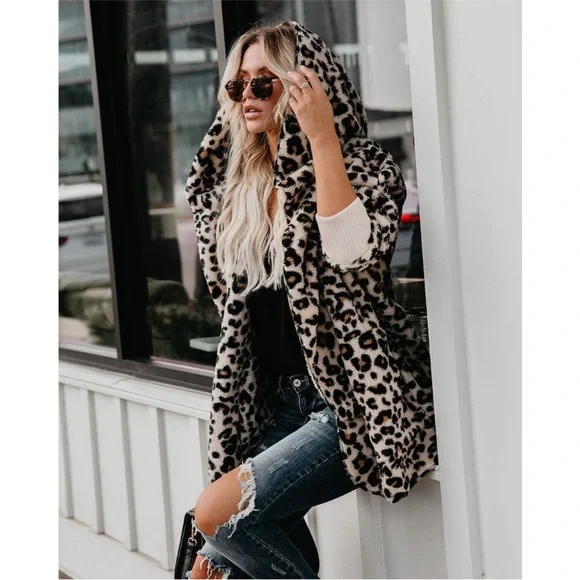 Women Leopard hooded jacket plush warm fuzzy jacket - Picture 3 of 7